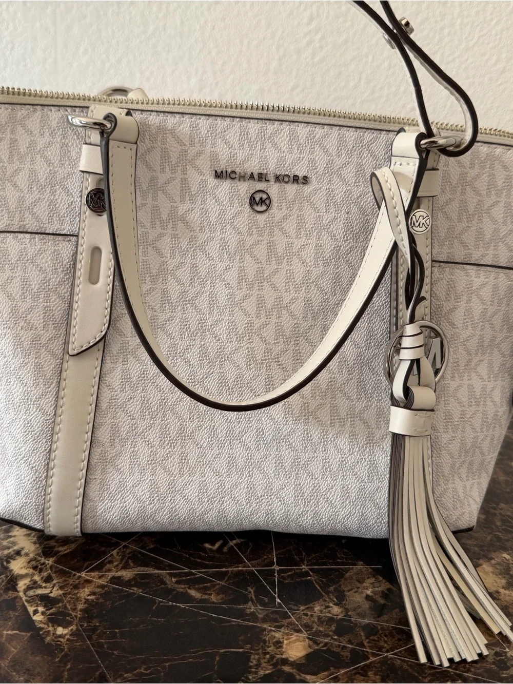 Michael Kors Cream and Light Gray Logo Tote with Tassel Charm